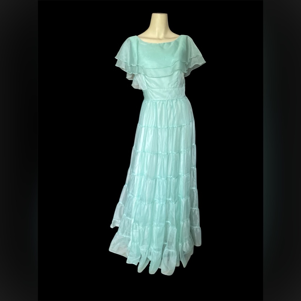 1960s Sylvia Ann Maxi Ruffle Women Dress Mint Green Empire Waist Formal Evening